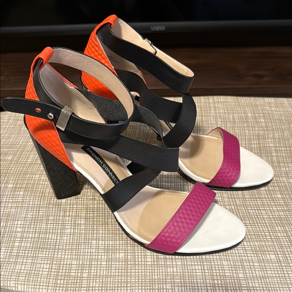 French Connection Women's Strappy Heels - Black, Pink, and Orange